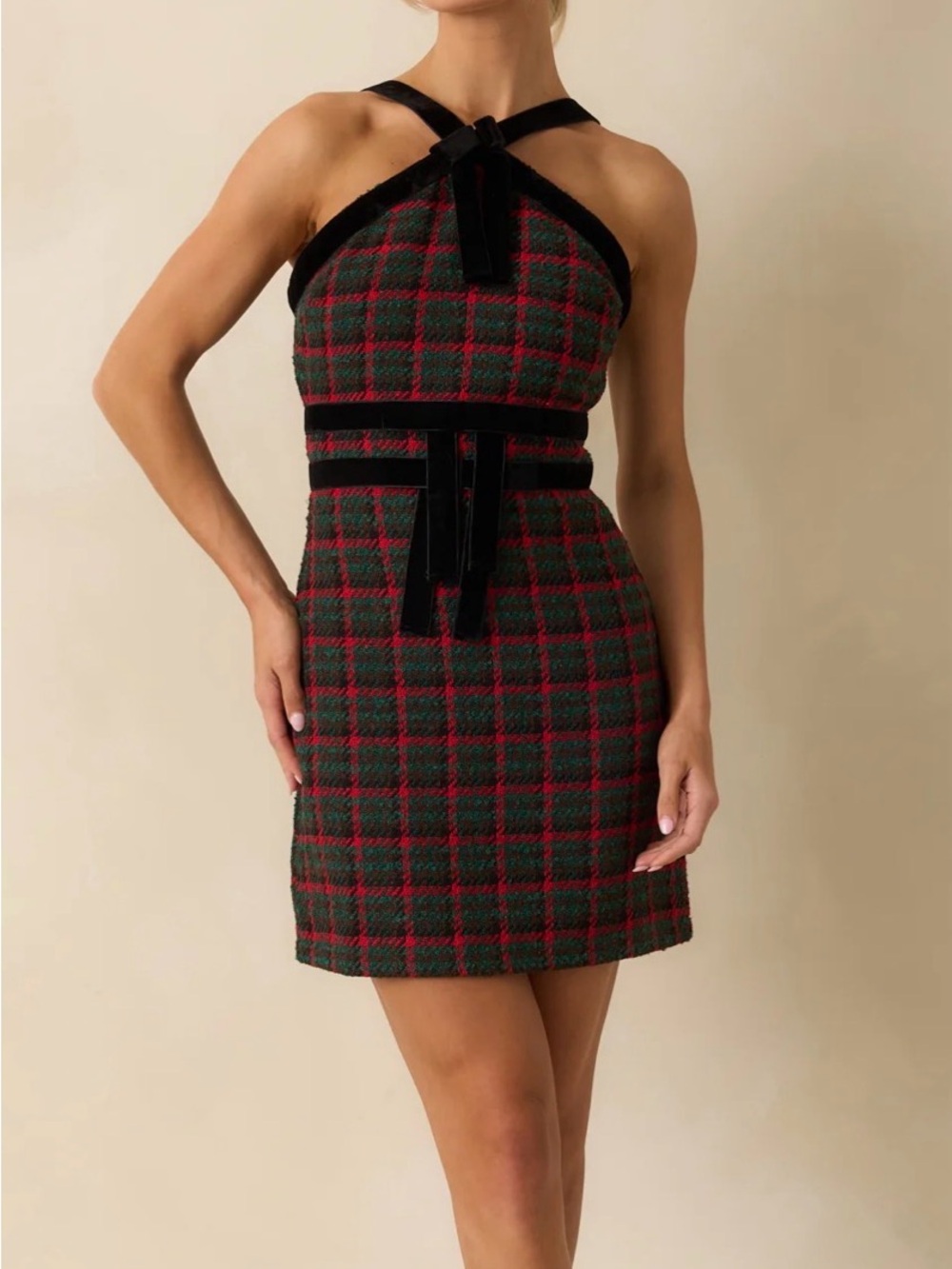 Prosperina Faye Green Plaid Tweed Halter Dress Preppy Holiday Party XS NWT